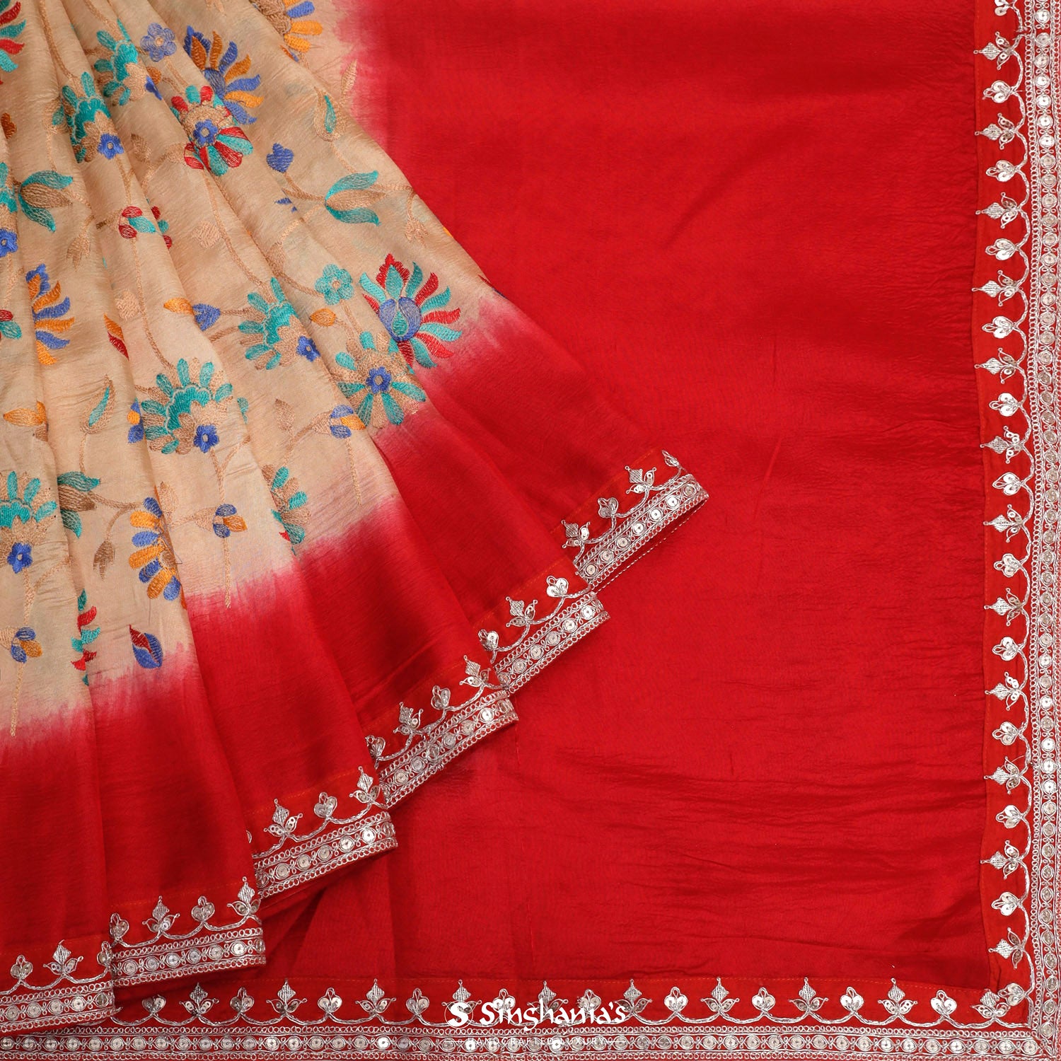 Peach Silk Saree With Thread Embroidery