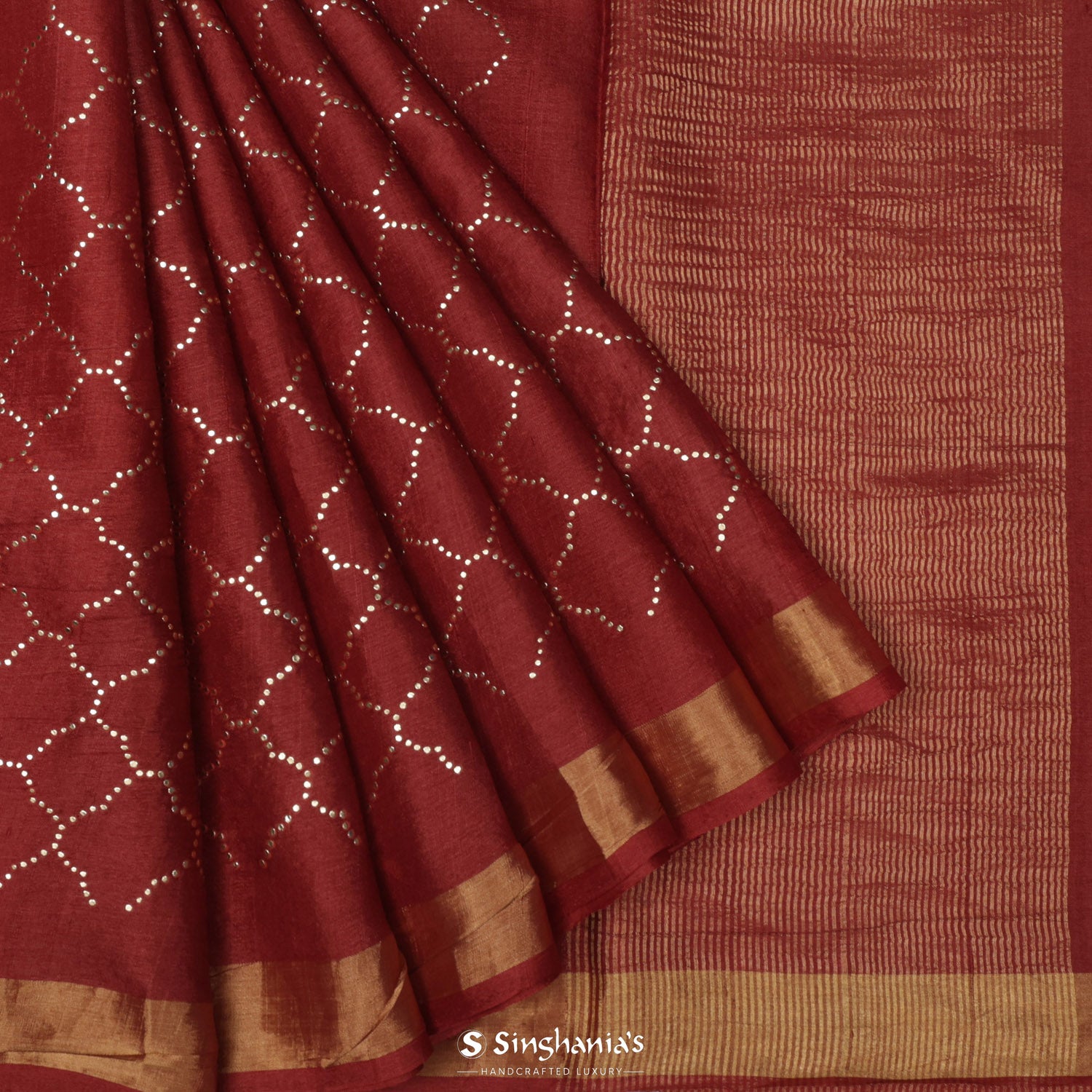 Harvard Crimson Red Tusser Saree With Mukaish Work