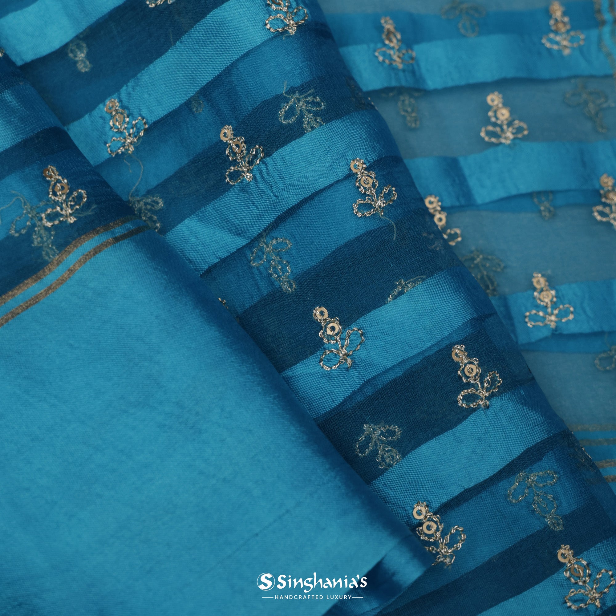 Alaskan Blue Printed Organza Saree With Embroidery