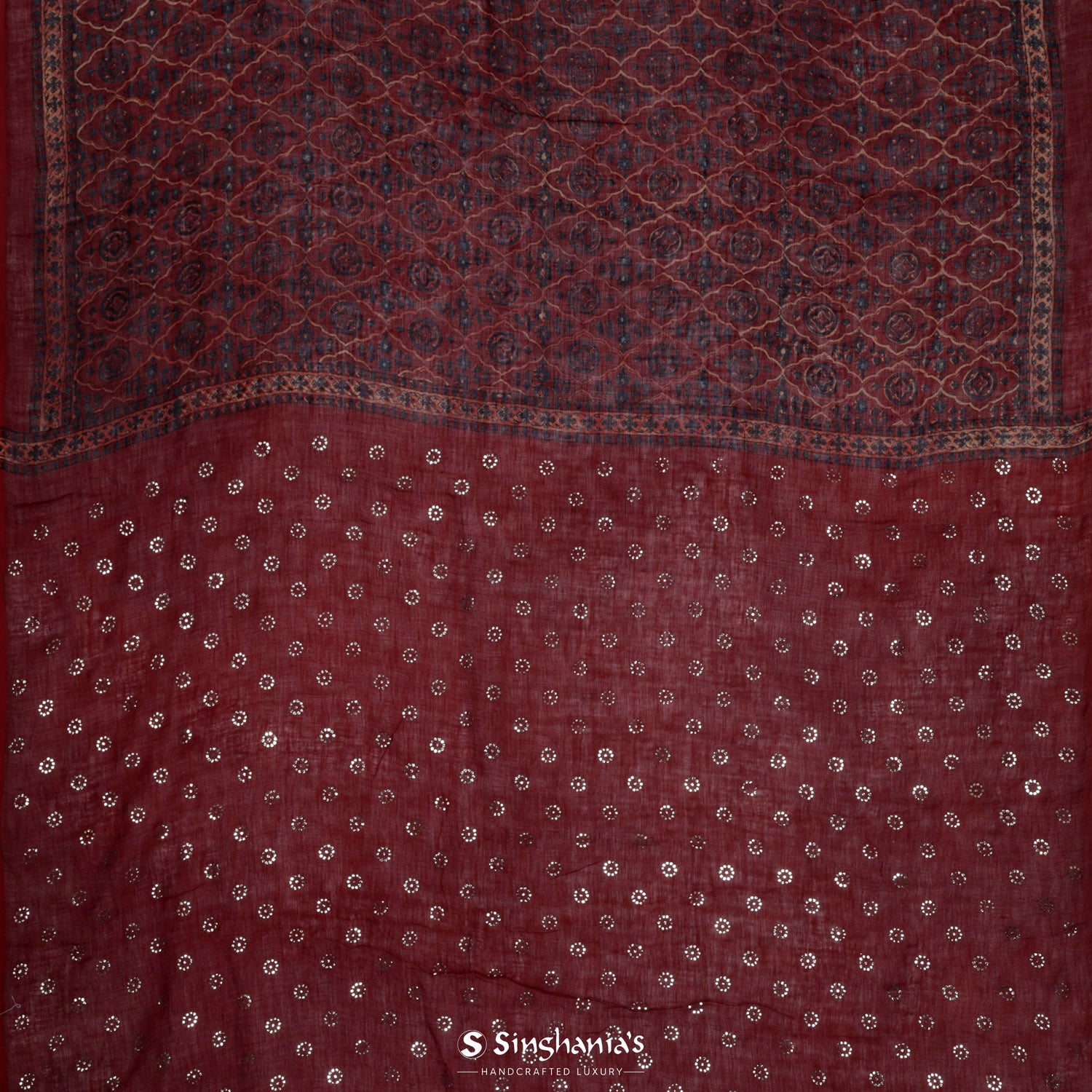 Sangria Red Printed Linen Saree With Floral Ajrakh Pattern And Foil Work