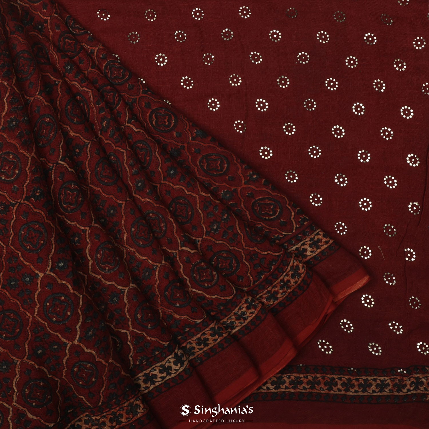 Sangria Red Printed Linen Saree With Floral Ajrakh Pattern And Foil Work