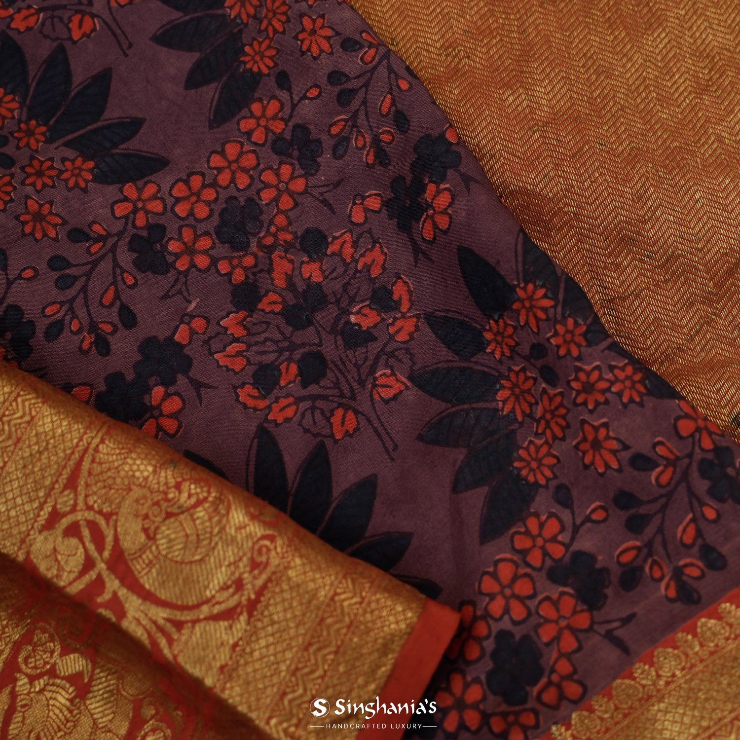 Dark Purple Kanjivaram Saree With Ajrakh Print