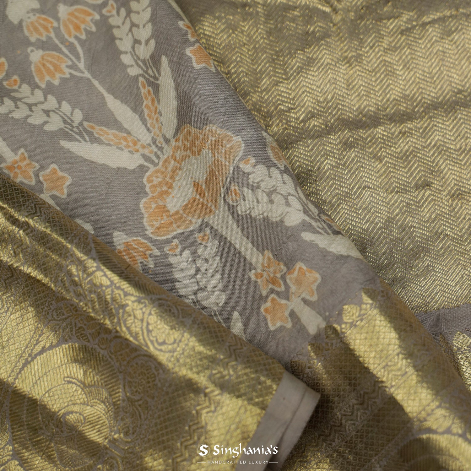 Misty Gray Printed Kanjivaram Saree With Ajrakh Pattern