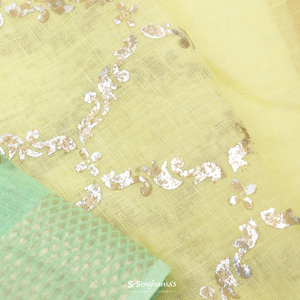Pastel Yellow-Green Linen Saree With Foil Print Pattern