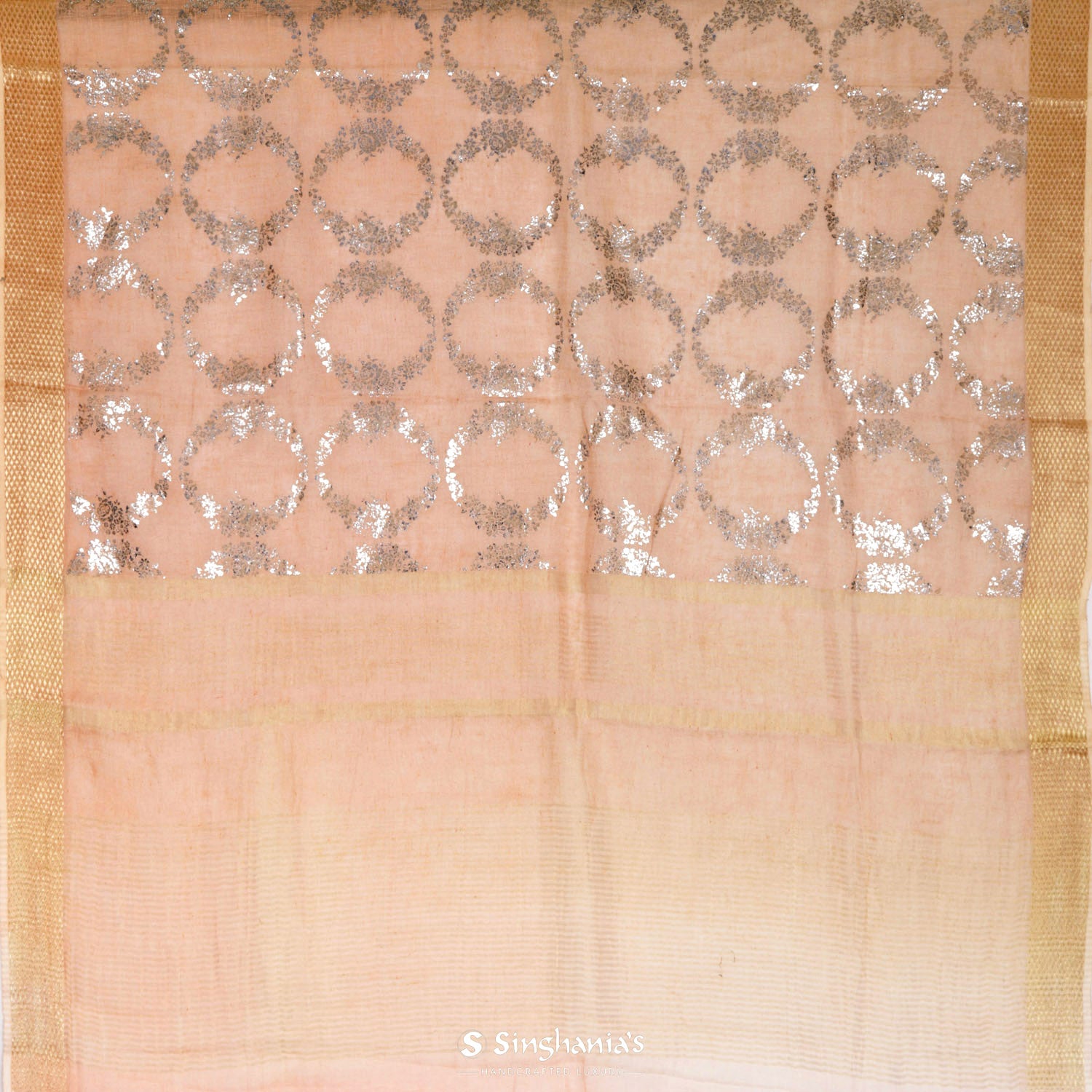 Desert Sand Orange Printed Linen Saree With Floral Pattern