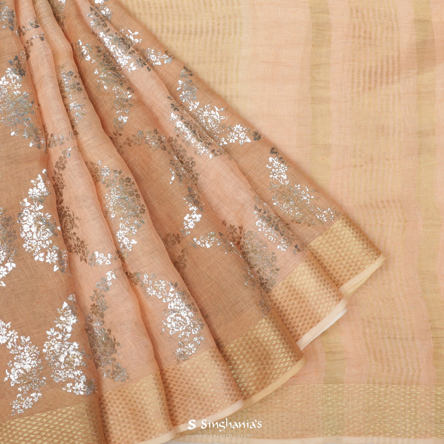 Desert Sand Orange Printed Linen Saree With Floral Pattern