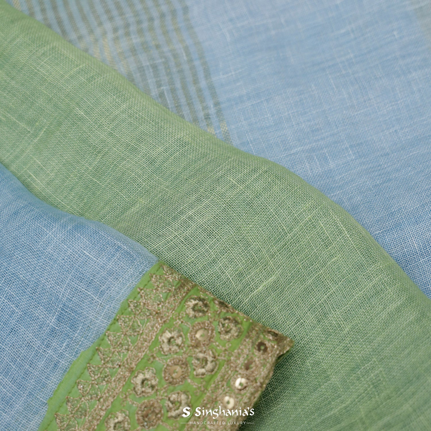 Columbia Blue Linen Saree With Embroidery Work
