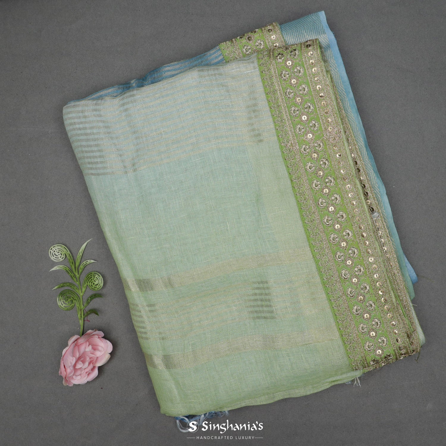Columbia Blue Linen Saree With Embroidery Work