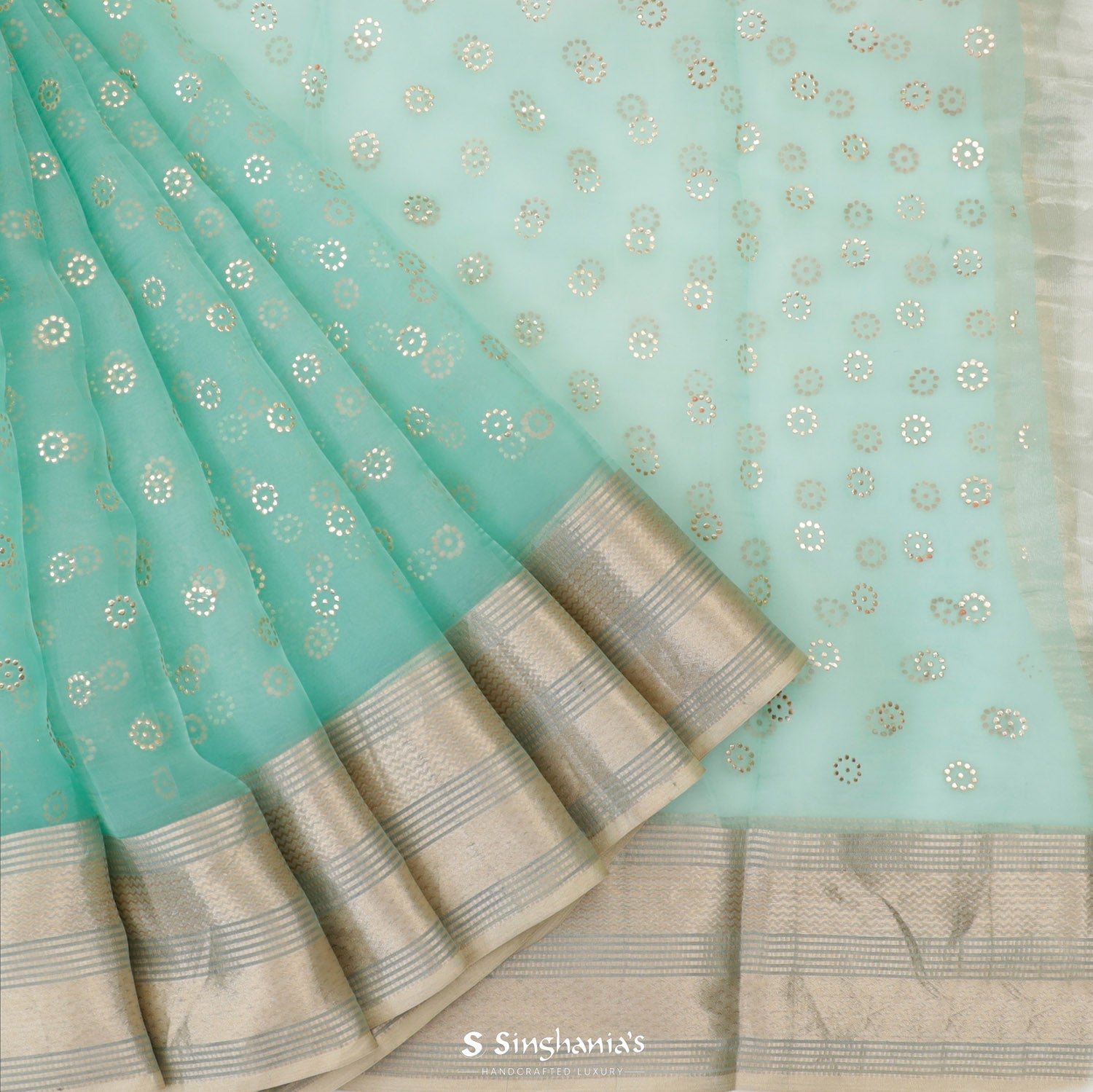 Tiffany Blue Organza Saree With Mukaish Work In Butti Pattern