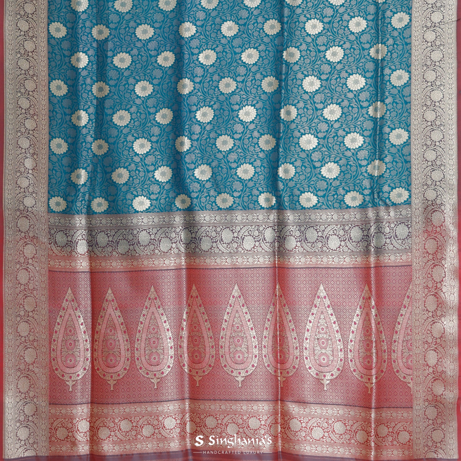 Duck Blue Banarasi Silk Saree With Floral Jaal Pattern