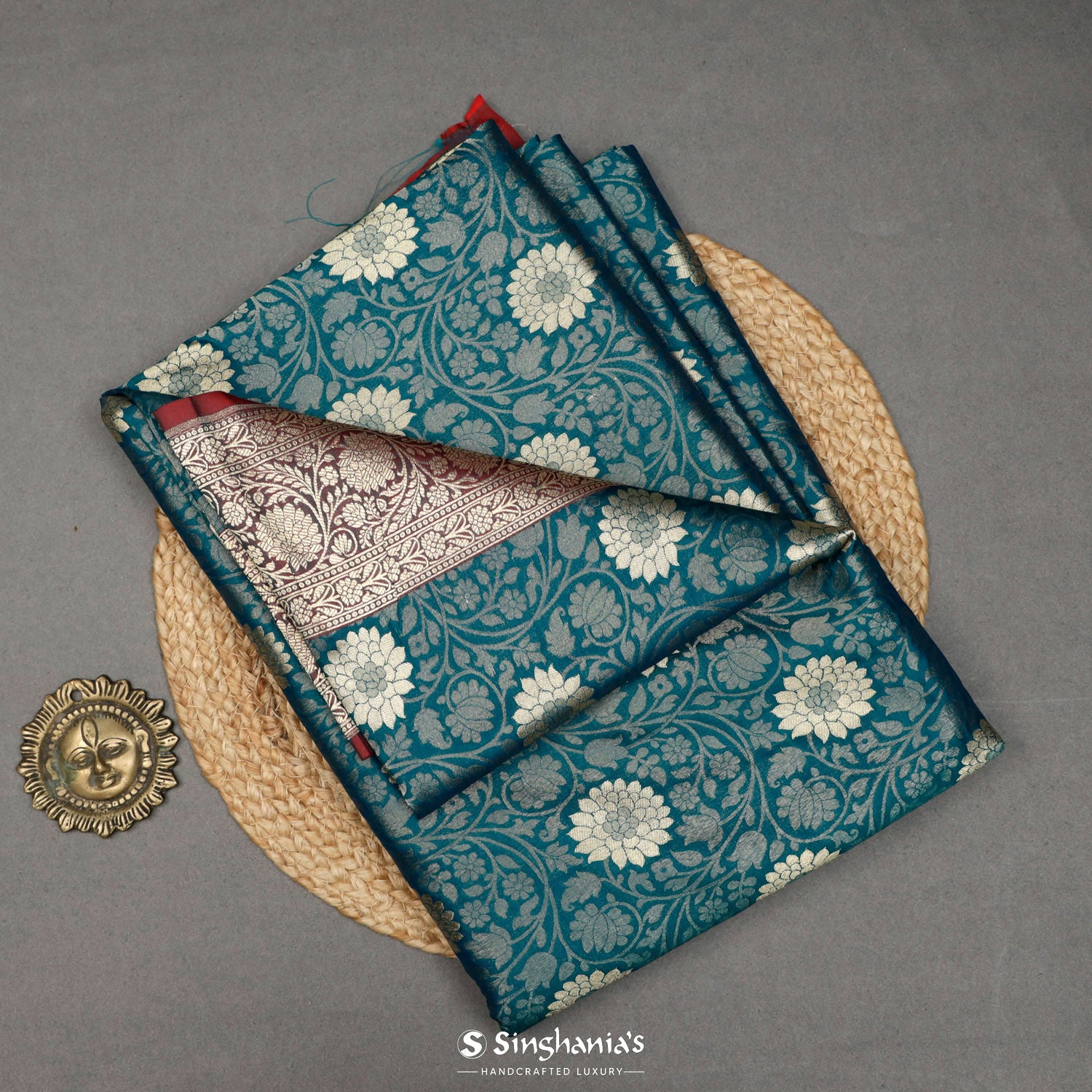 Duck Blue Banarasi Silk Saree With Floral Jaal Pattern