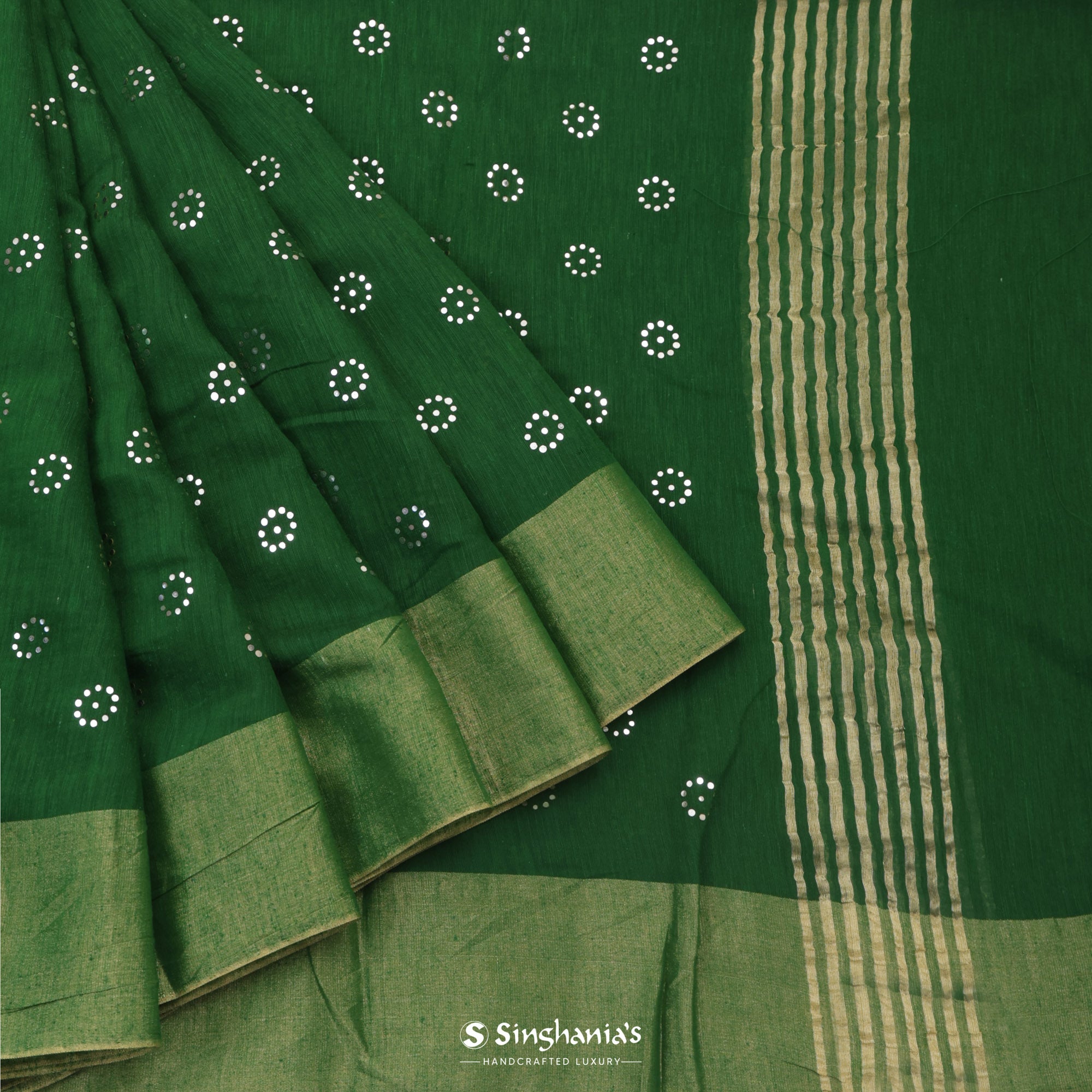 Cadmium Green Linen Saree With Mukaish Work
