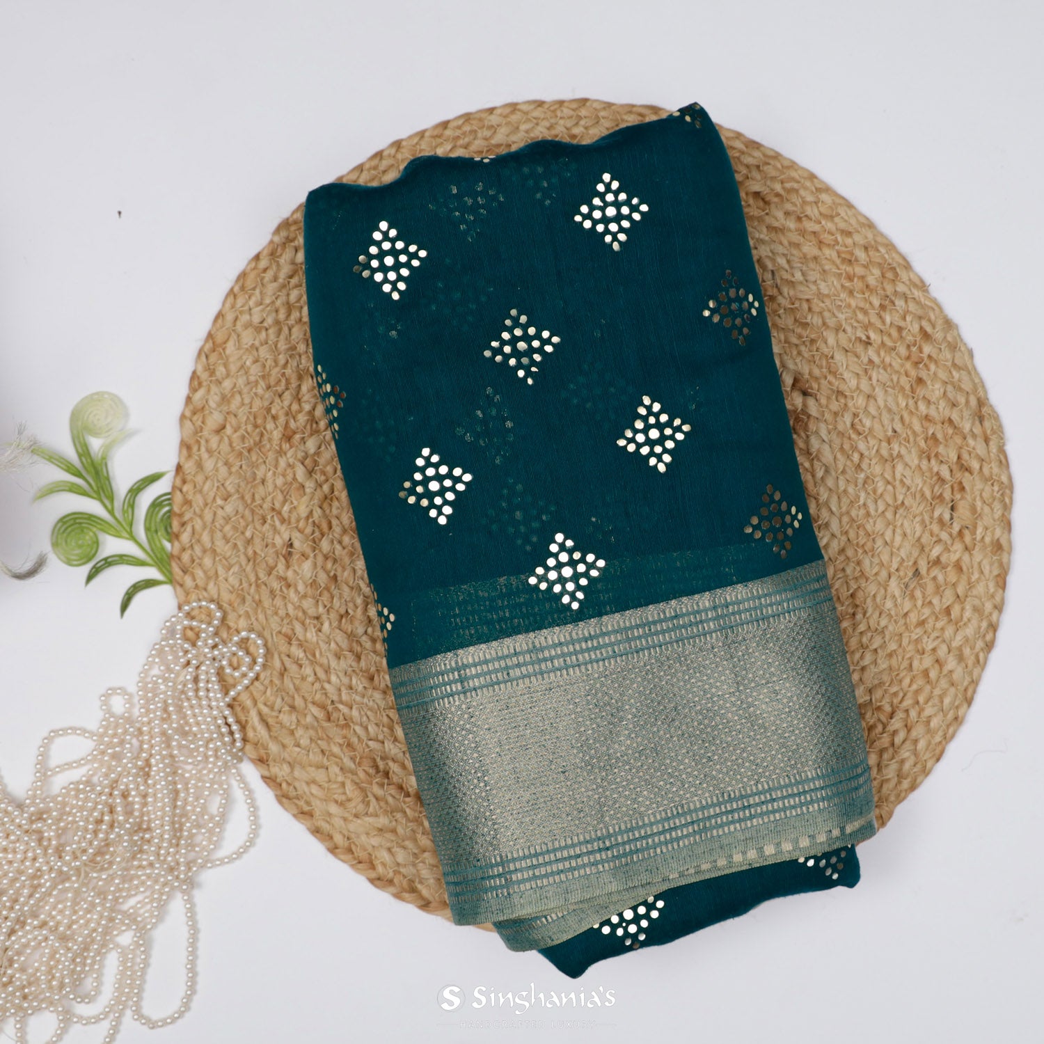 Prussian Blue Linen Saree With Mukaish Work In Floral Butti Pattern