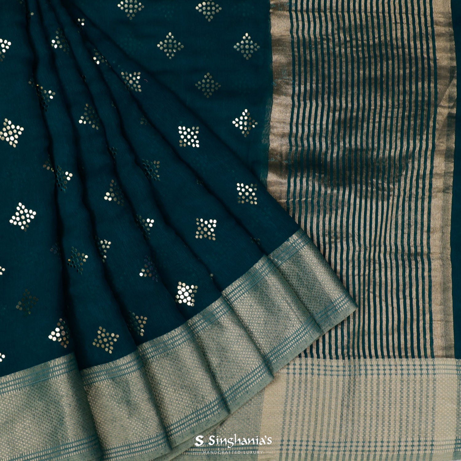 Prussian Blue Linen Saree With Mukaish Work In Floral Butti Pattern