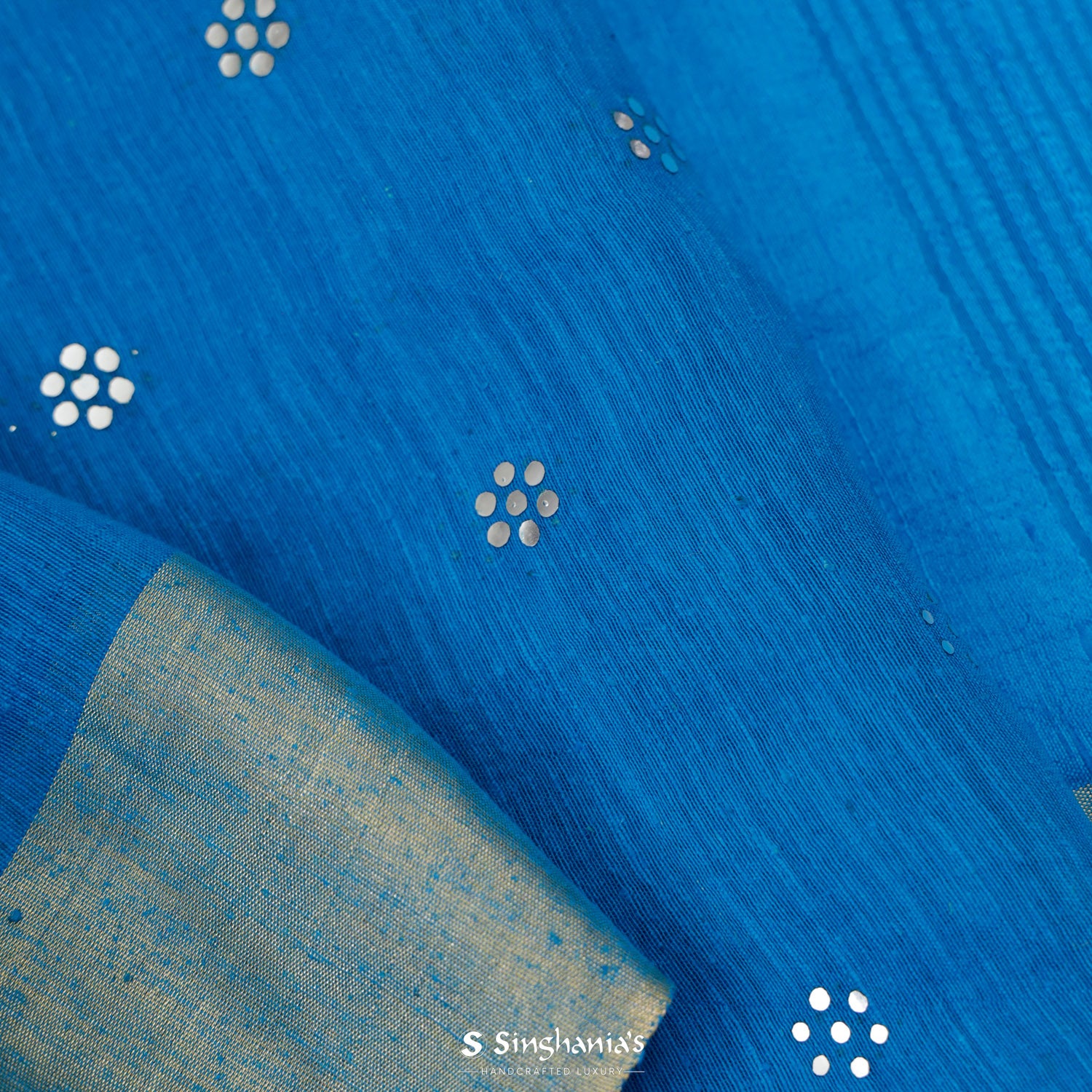 Sapphire Blue Linen Saree With Mukaish Work In Floral Butti Pattern