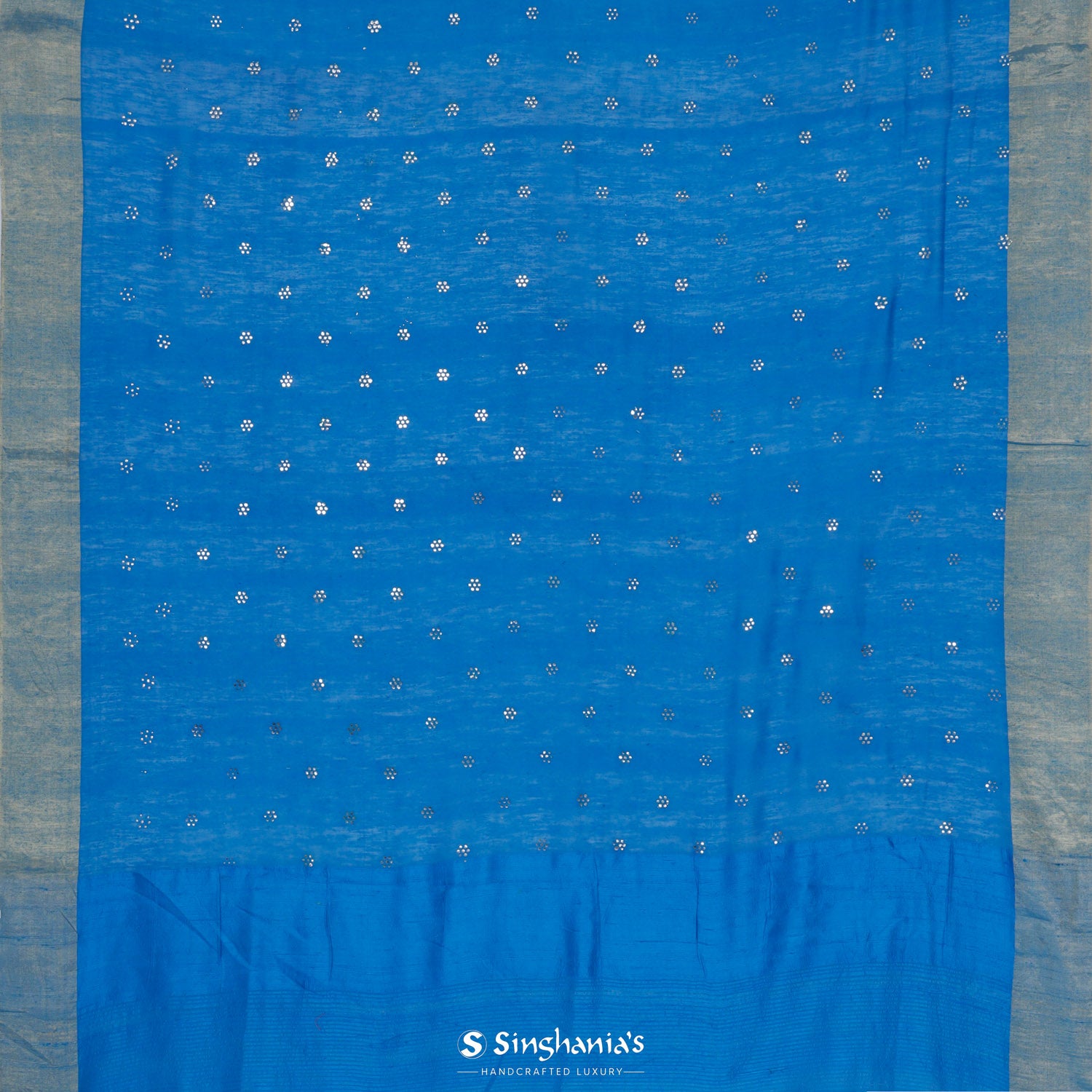 Sapphire Blue Linen Saree With Mukaish Work In Floral Butti Pattern