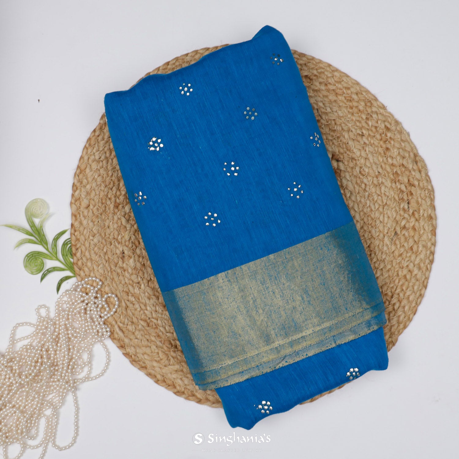 Sapphire Blue Linen Saree With Mukaish Work In Floral Butti Pattern