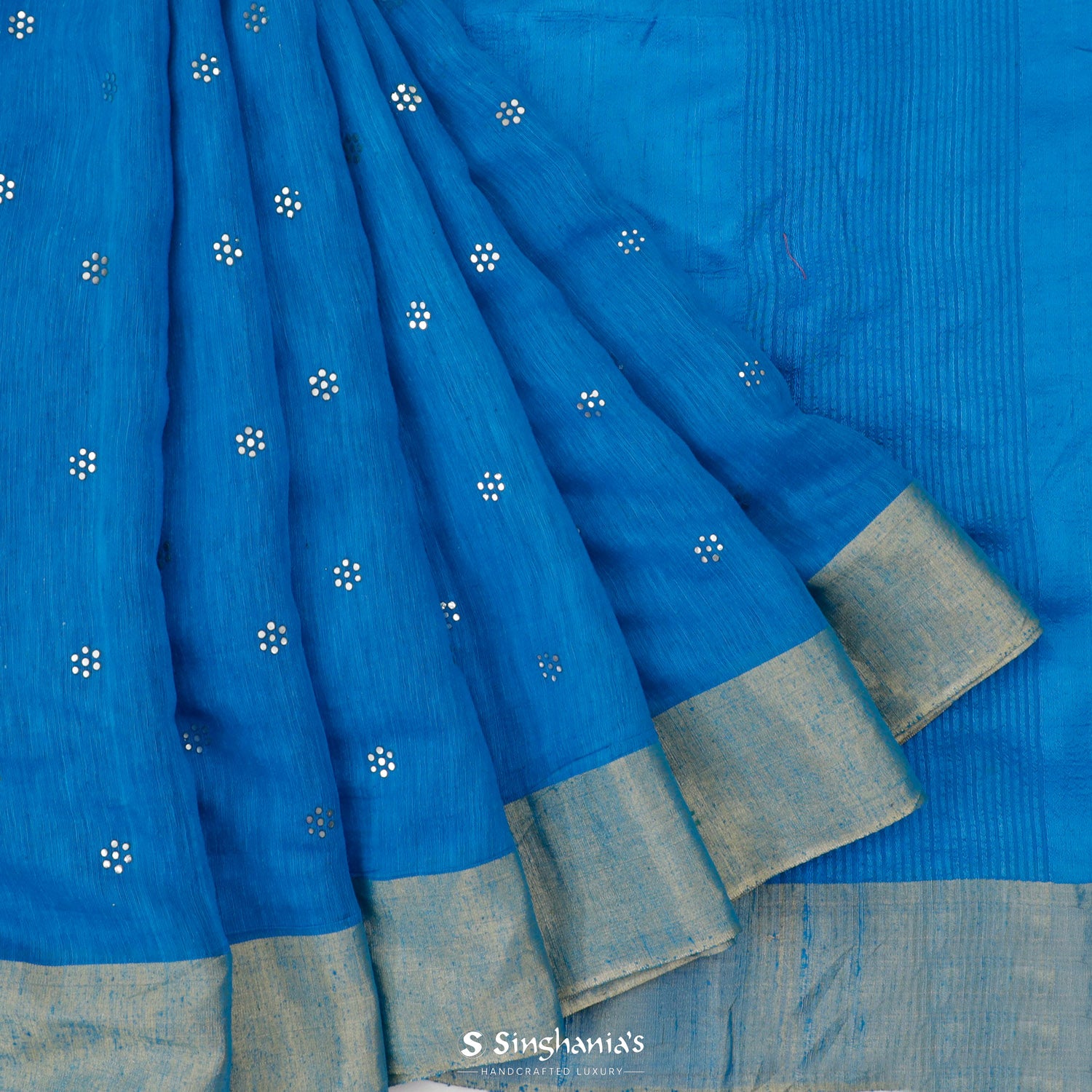 Sapphire Blue Linen Saree With Mukaish Work In Floral Butti Pattern