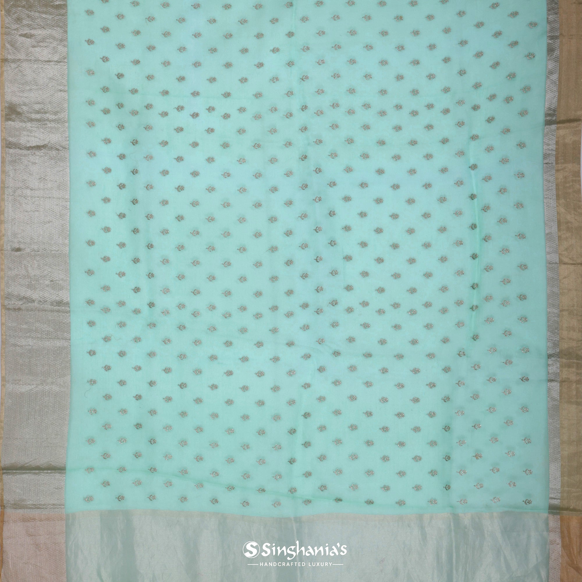Medium Turquoise Blue Organza Saree With Embroidery