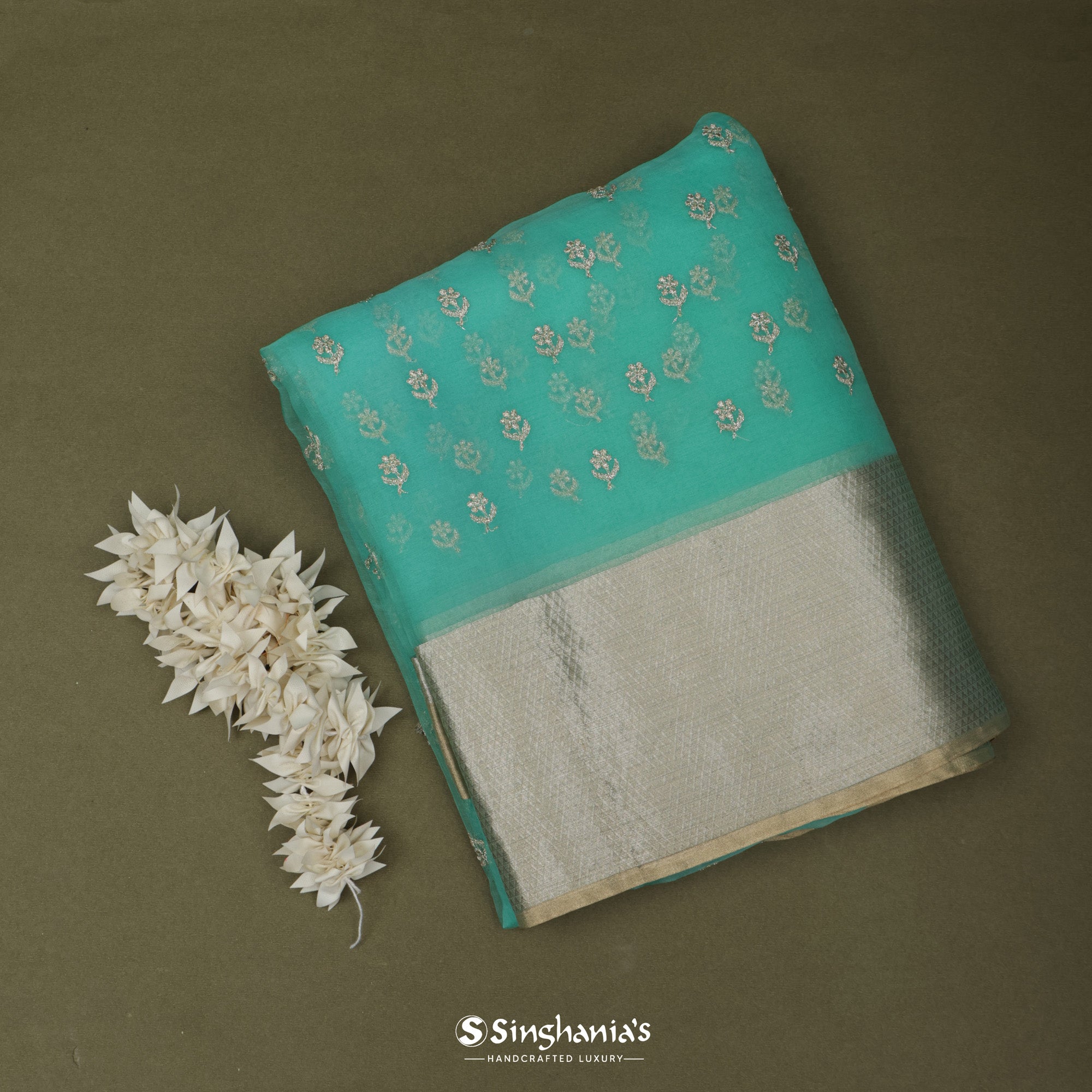 Medium Turquoise Blue Organza Saree With Embroidery
