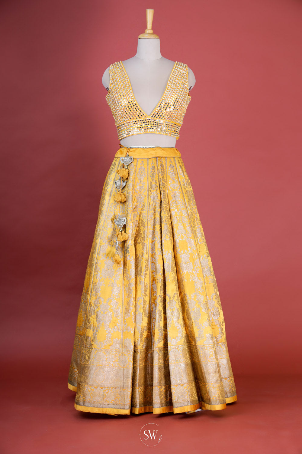 Saffron Yellow Banarasi Silk Lehenga Set With Embroidery