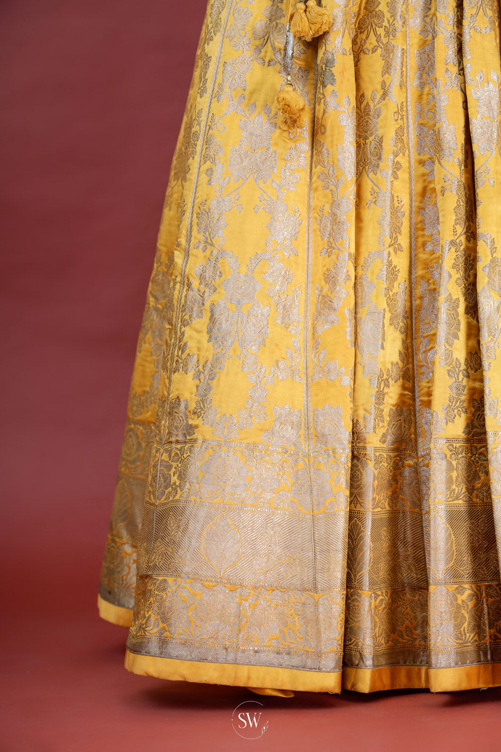 Saffron Yellow Banarasi Silk Lehenga Set With Embroidery