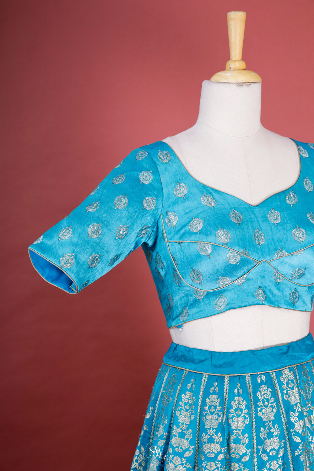 Lapis Blue Banarasi Silk Lehenga Set With Floral Design
