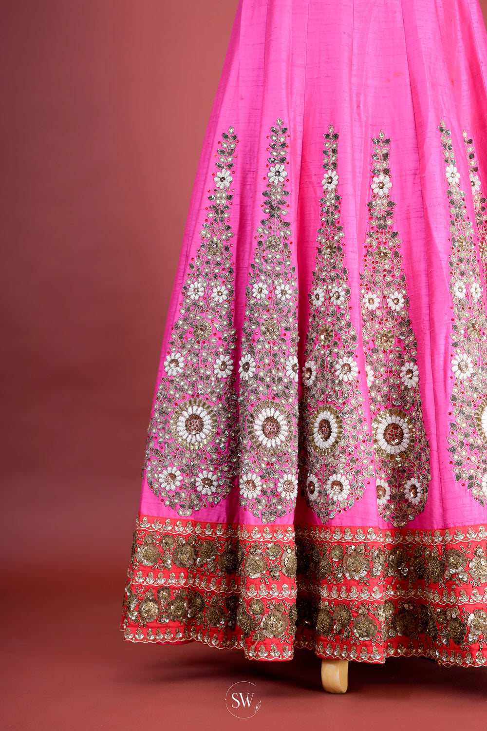 Neon Pink Raw Silk Lehenga Set With Floral Embroidery