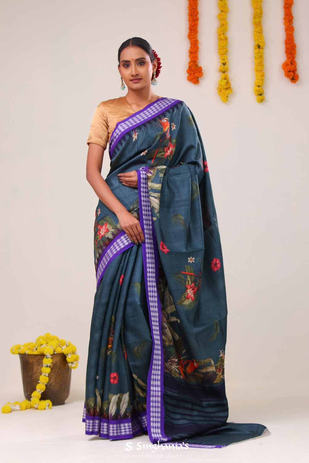 Spruce Blue Printed Tussar Silk Saree