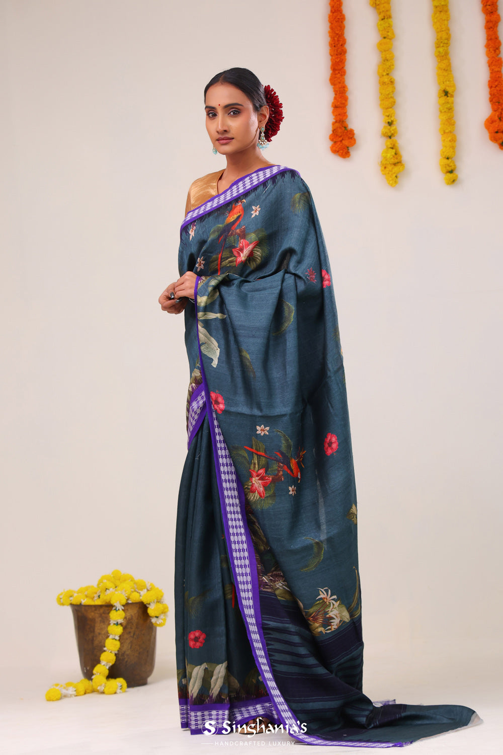 Spruce Blue Printed Tussar Silk Saree