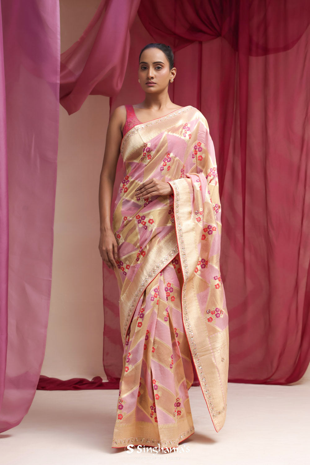 Pastel Purple - Gold Organza Designer Saree With Floral Embroidery