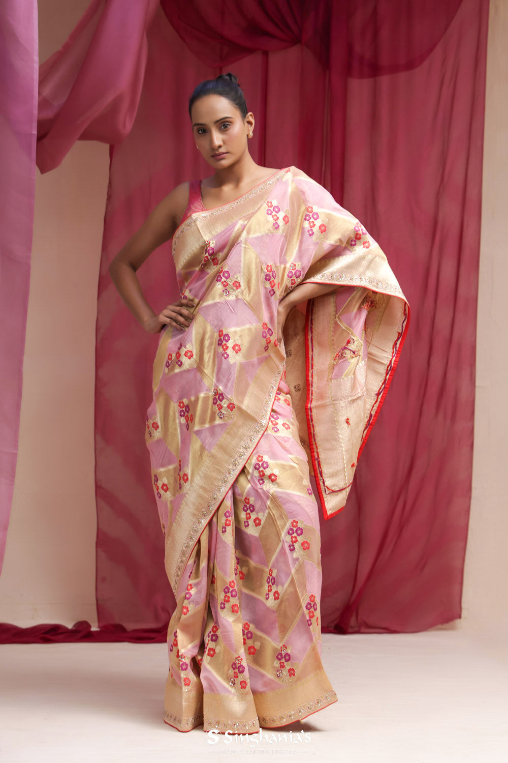 Pastel Purple - Gold Organza Designer Saree With Floral Embroidery