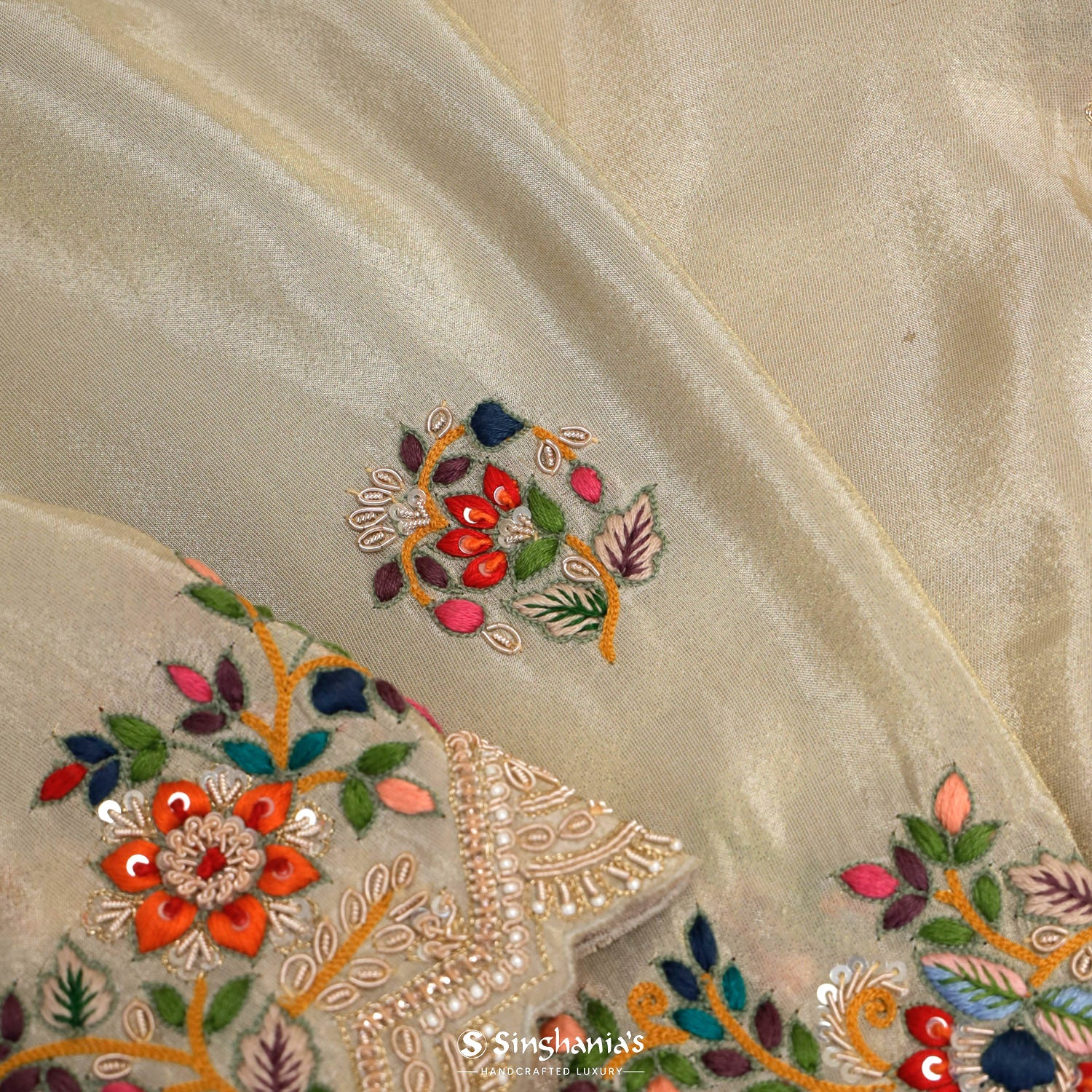Parchment White Silk Saree With Hand Embroidery