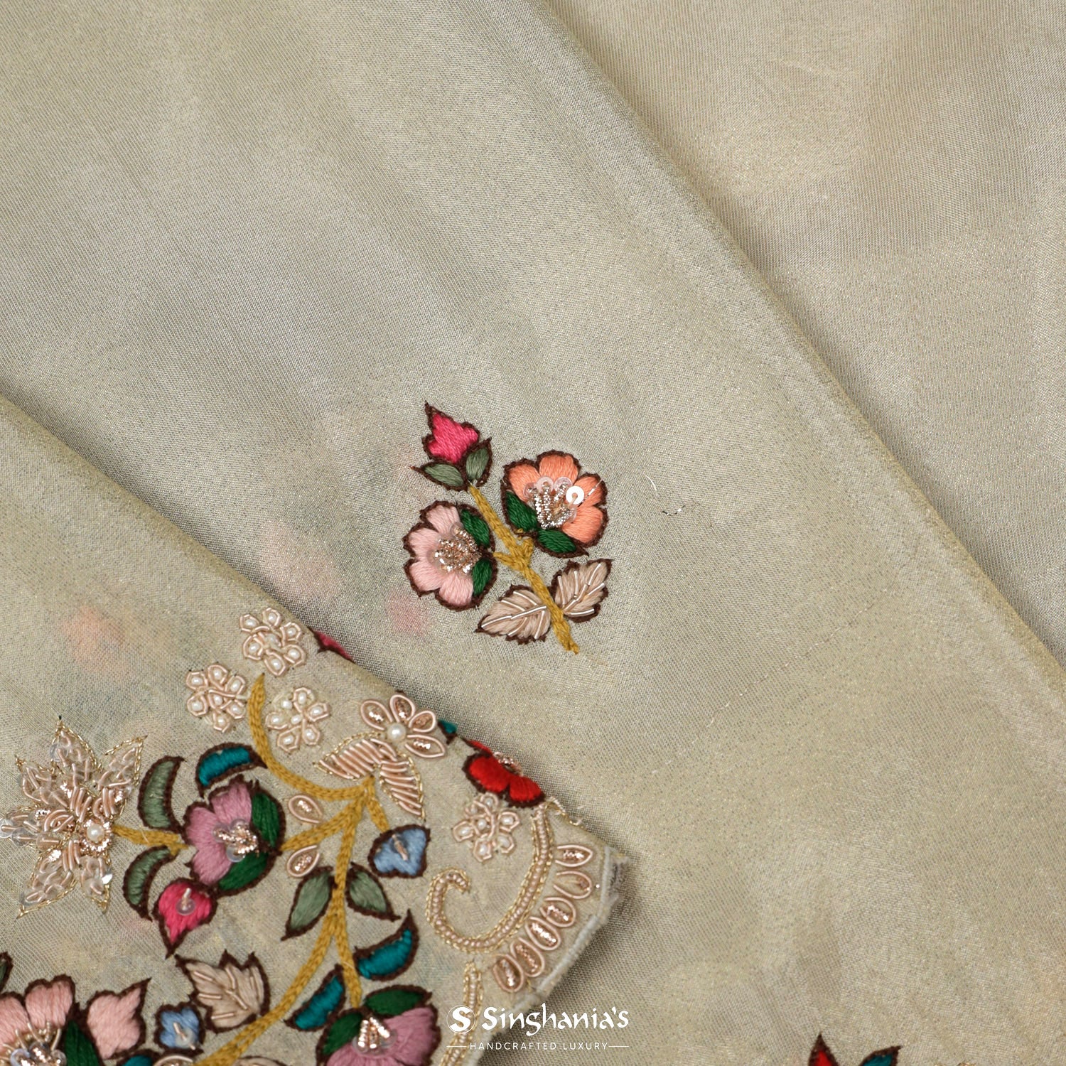 Old Wood White Silk Saree With Hand Embroidery