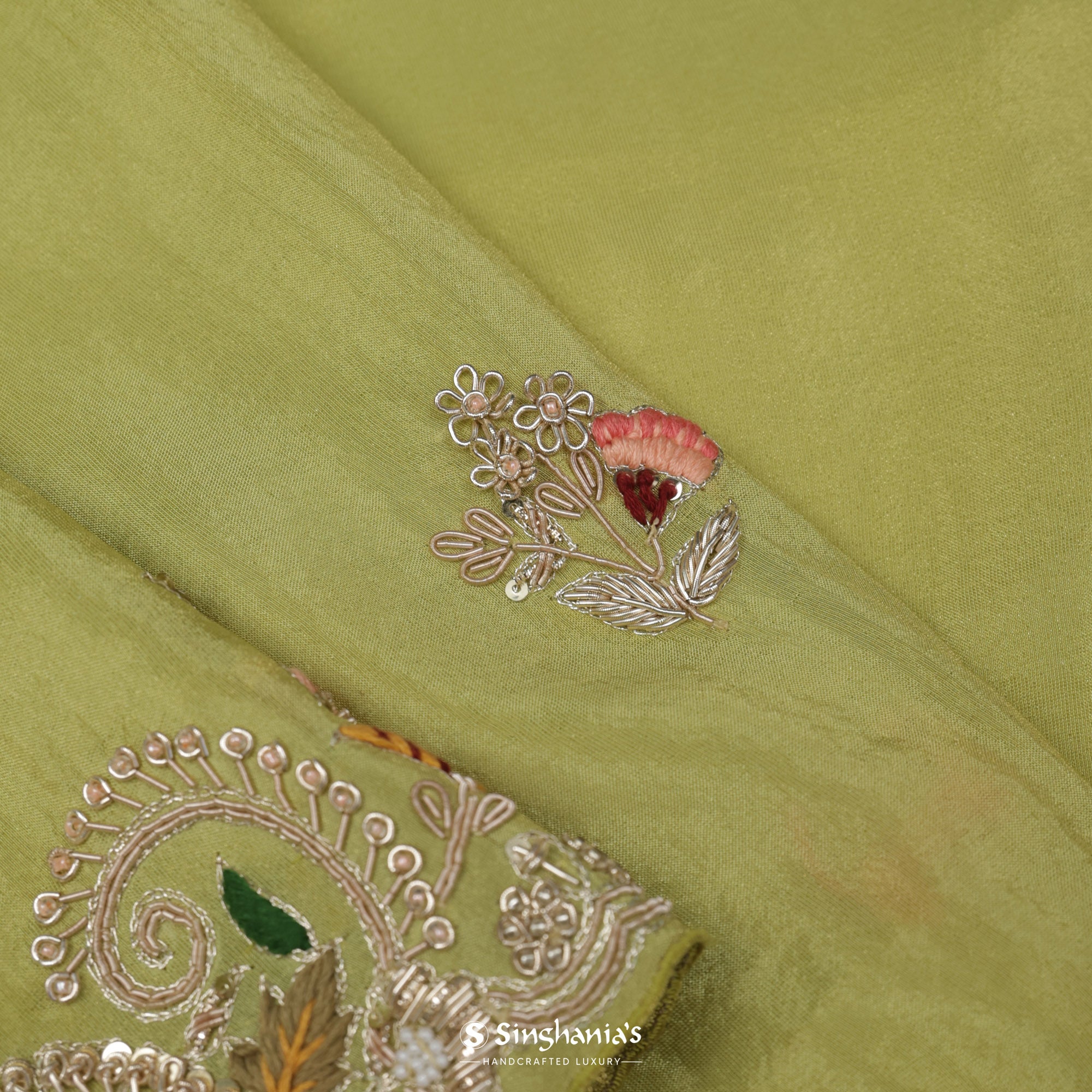 Maximum Green Yellow Silk Saree With Hand Embroidery