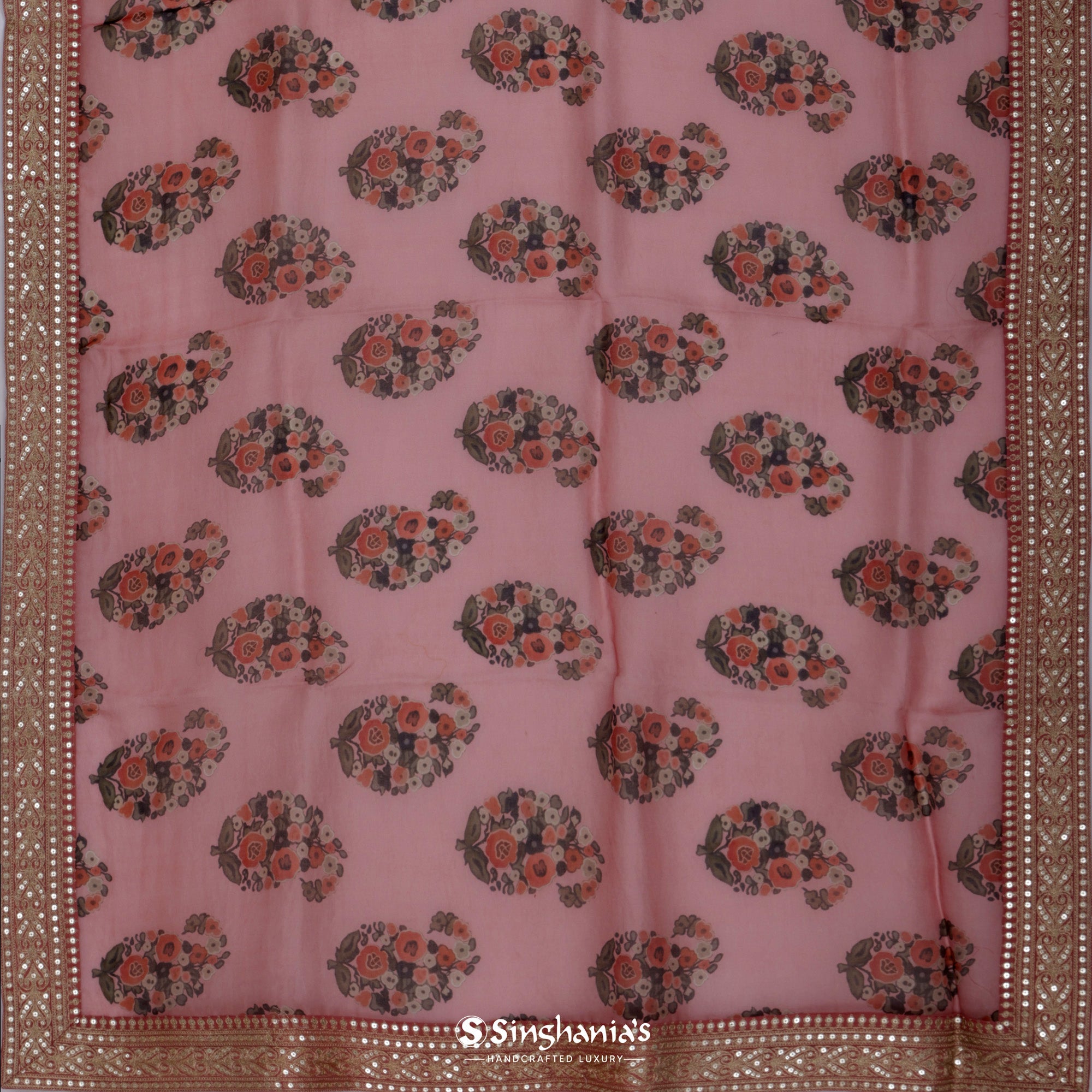 Strawberry Pink Printed Organza Saree With Embroidery