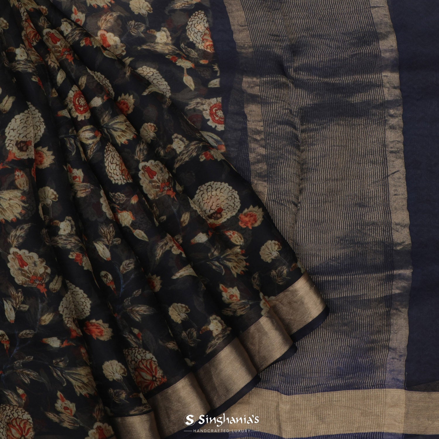 Braves Navy Blue Organza Saree With Floral Print Pattern
