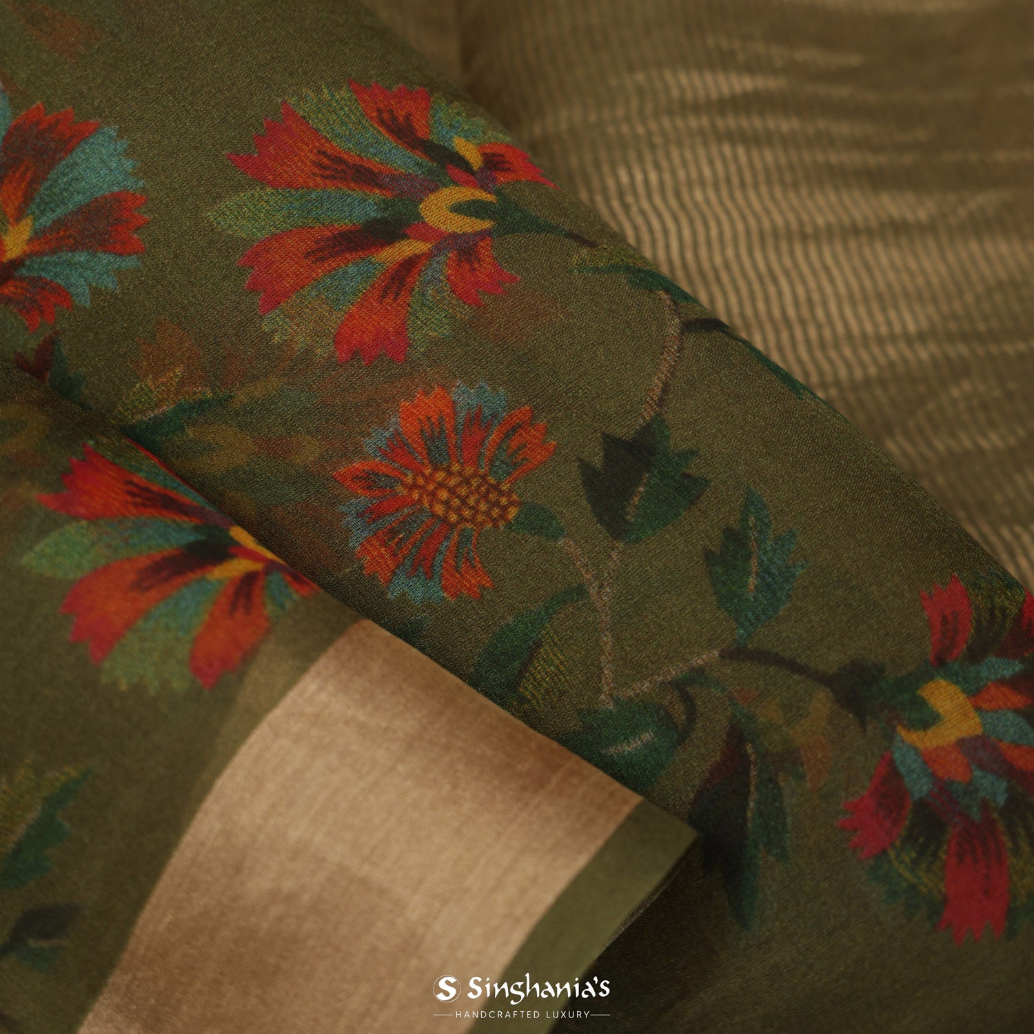 Pullman Green Printed Organza Saree With Floral Pattern