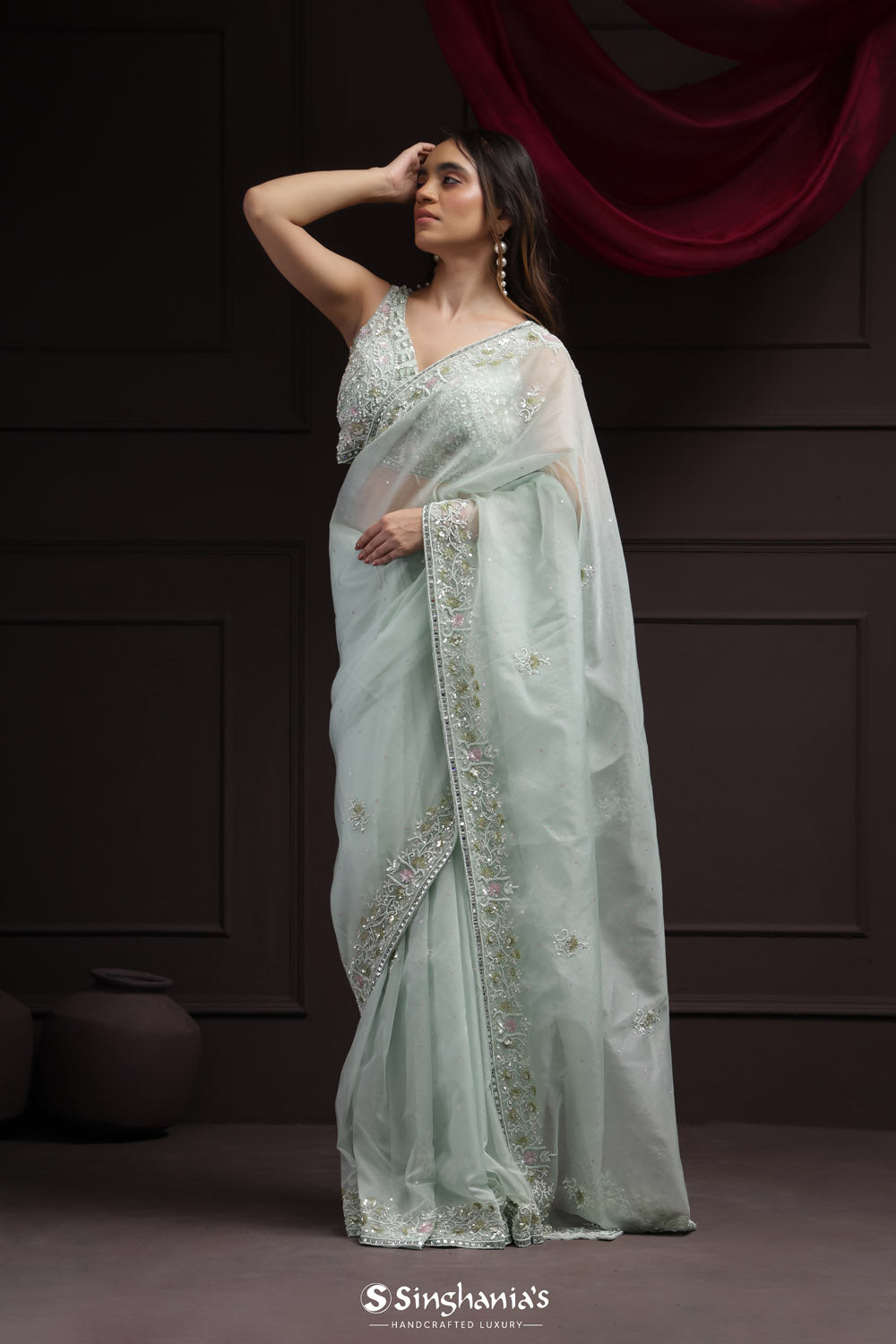 Marian Blue Tissue Designer Saree With Floral Embroidery