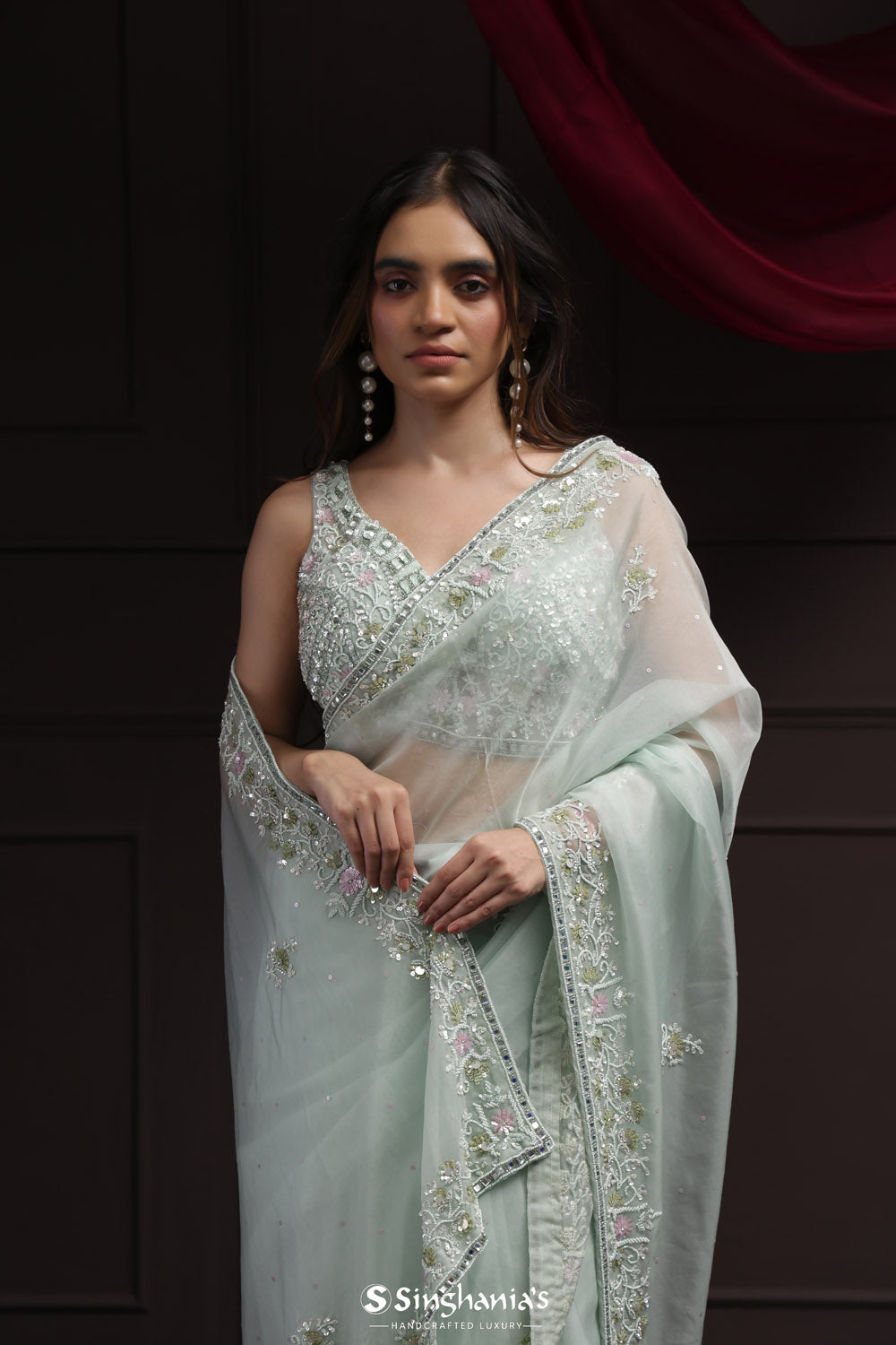 Marian Blue Tissue Designer Saree With Floral Embroidery