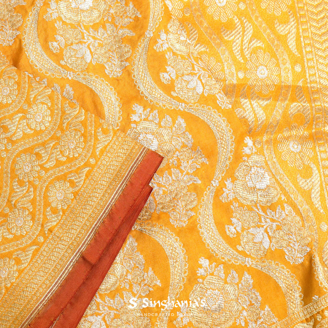 Chinese Yellow Banarasi Saree With Floral Jaal Pattern
