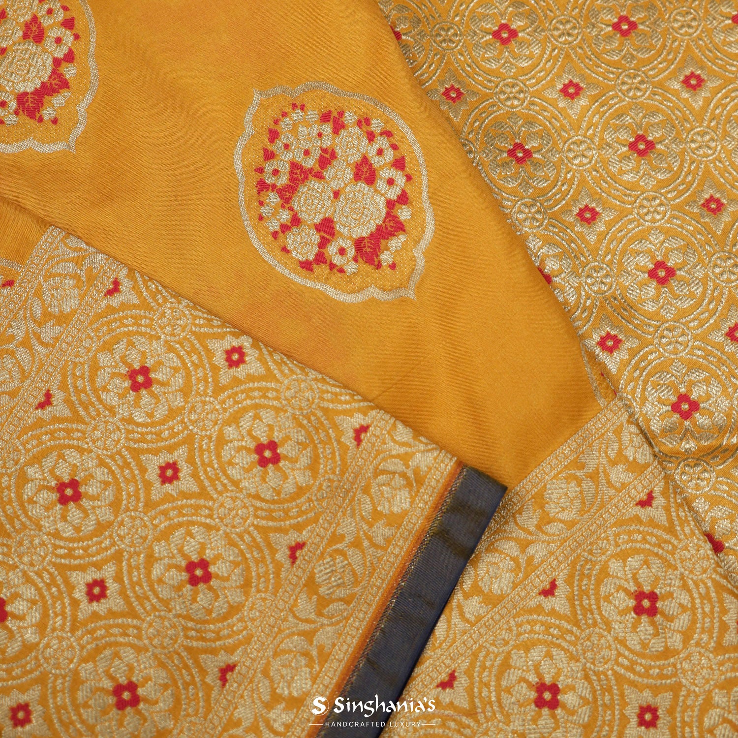 Orange Peel Banarasi Saree With Floral Zari Weaving