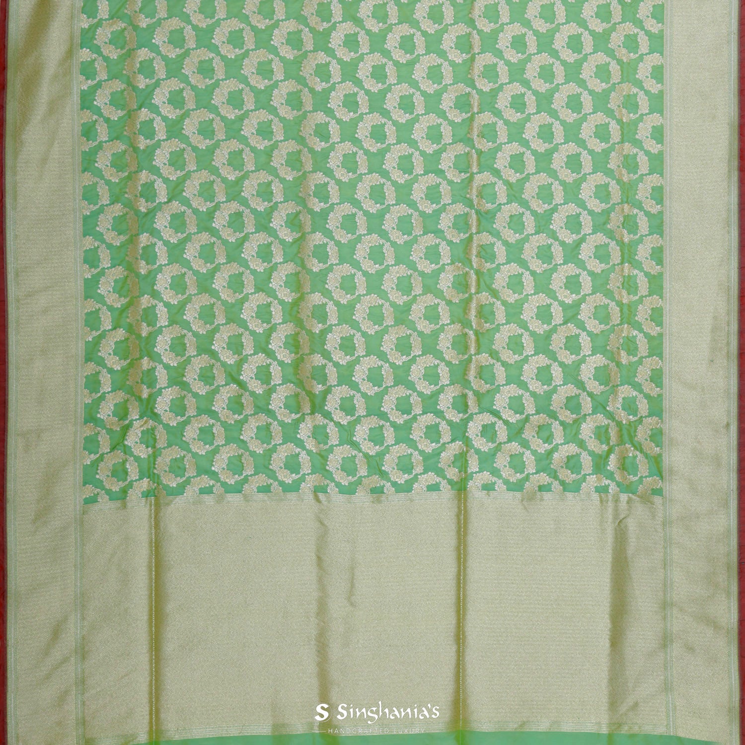 Very Light Malachite Green Banarasi Silk Saree With Floral Buttis Pattern