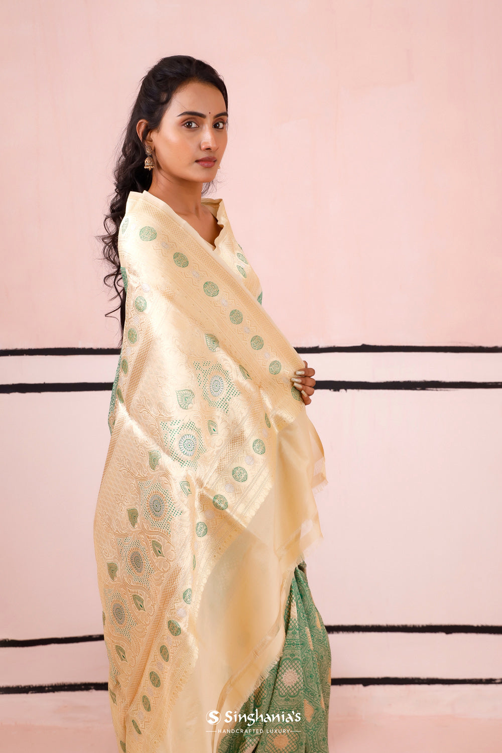 Pastel Green Banarasi Silk Saree With Detailed Floral Weaving