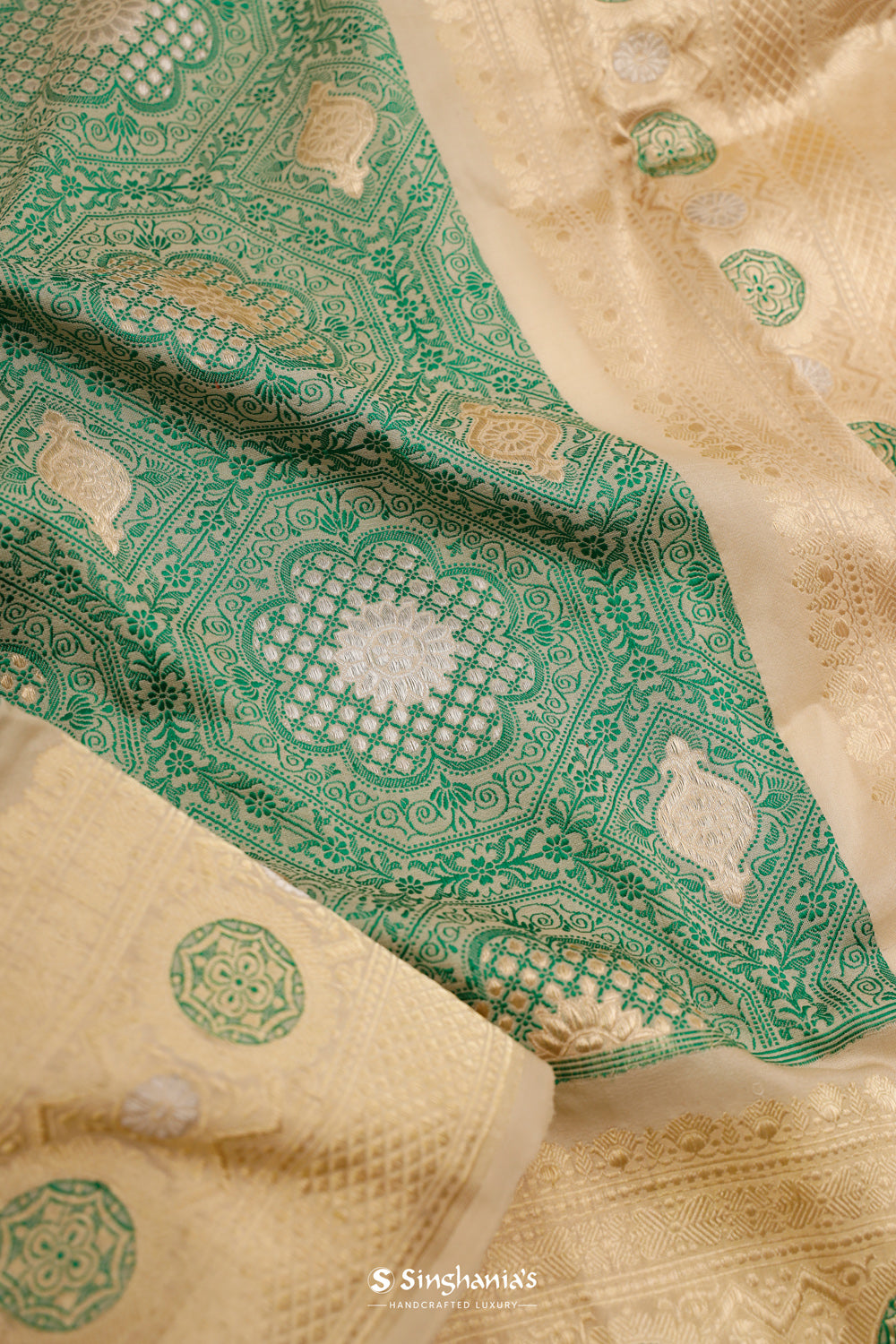 Pastel Green Banarasi Silk Saree With Detailed Floral Weaving