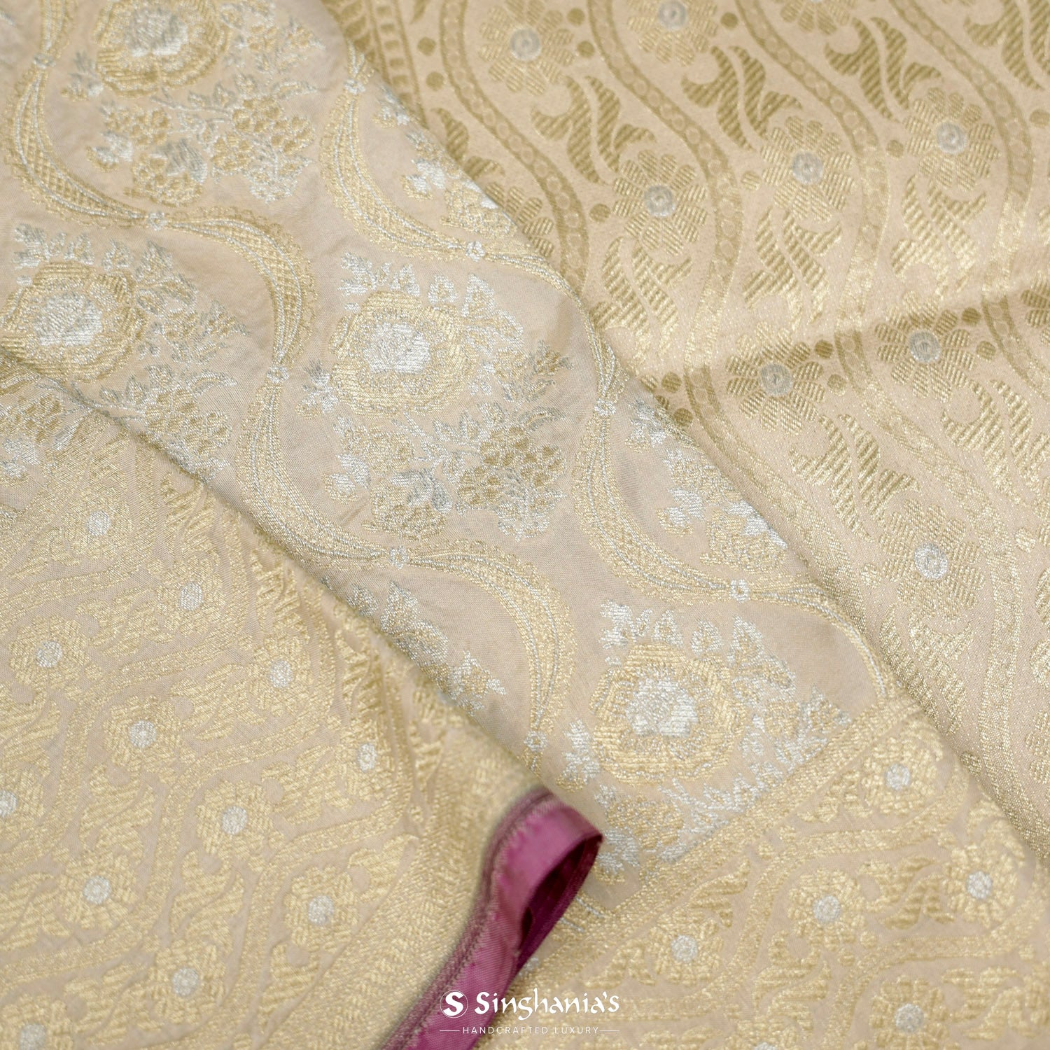 Almond Beige Banarasi Silk Saree With Floral Ogive Pattern