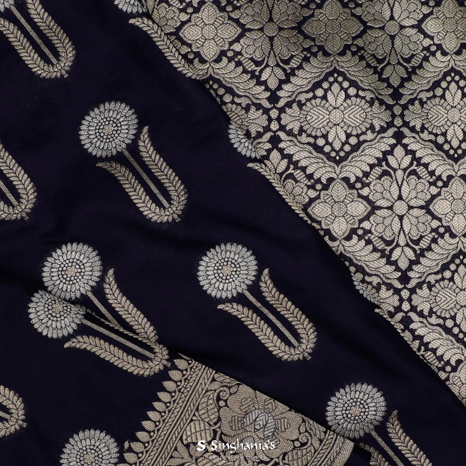 Dark Millennium Blue Banarasi Silk Saree With Floral Buttis Pattern