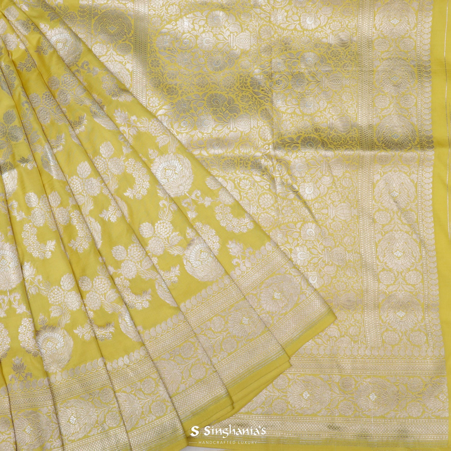 Greenish Yellow Silk Saree With Banarasi Weaving