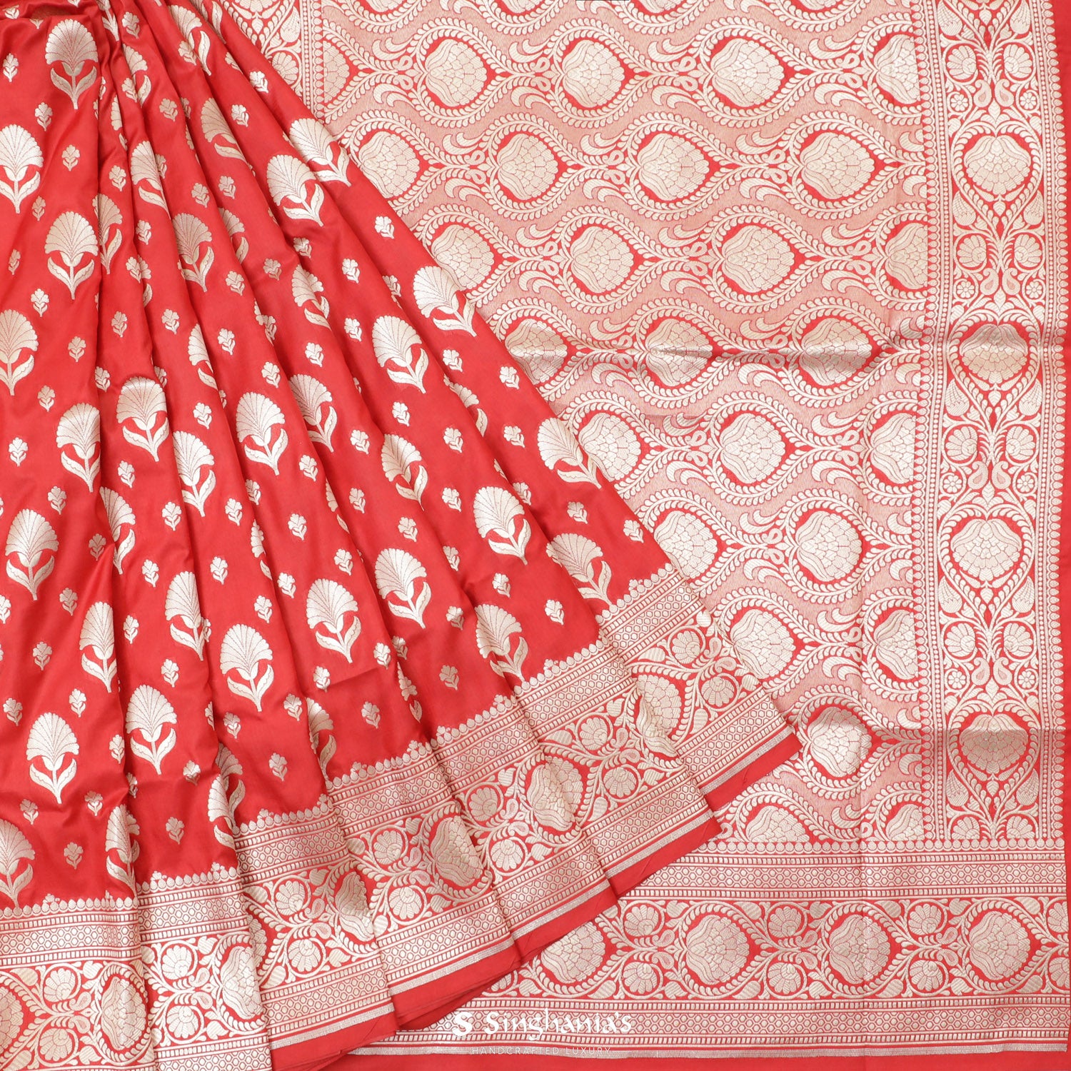 Pigment Red Silk Saree With Floral Banarasi Weaving