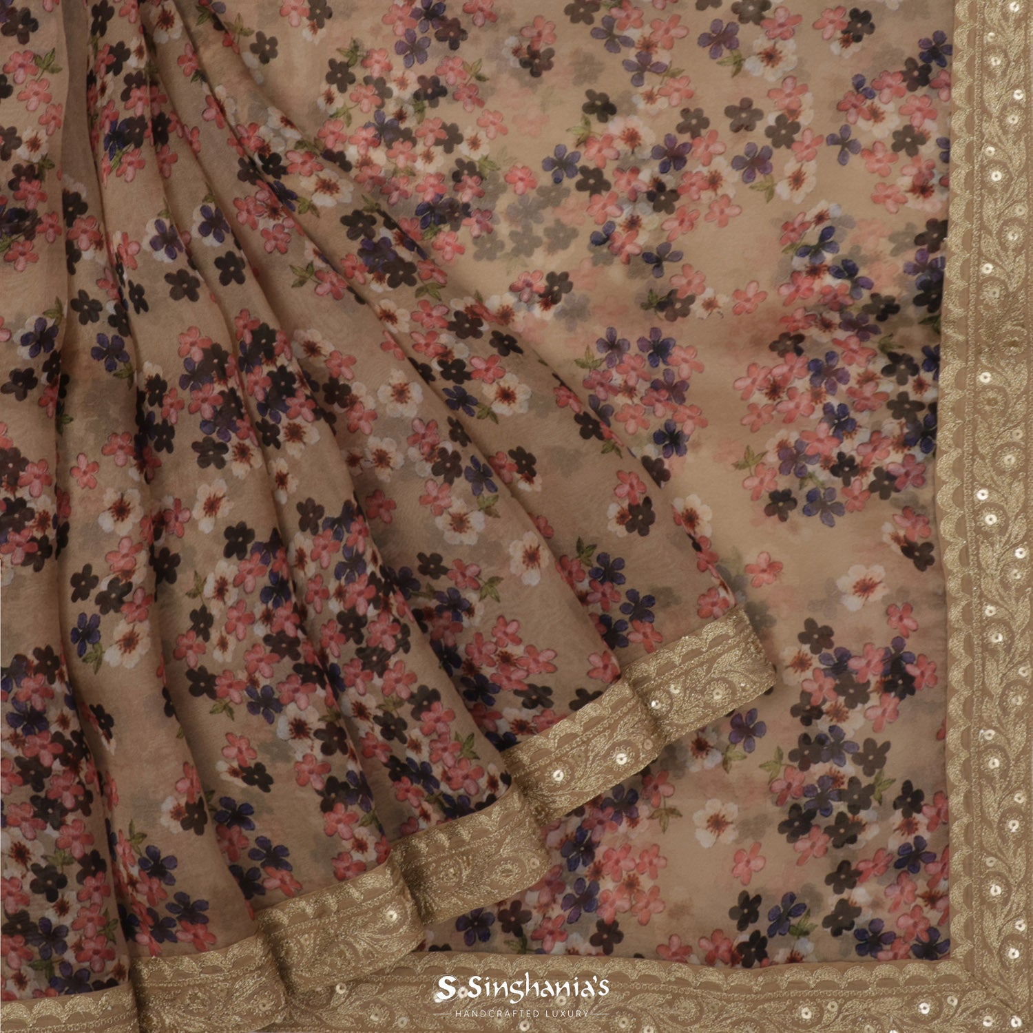 Light Taupe Brown Organza Saree With Hand Embroidery